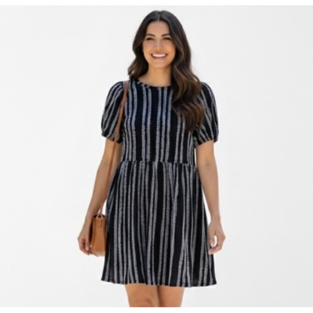 LOFT Dress Womens S Blue Short Fit & Flare Striped Round Neck Puff Sleeve